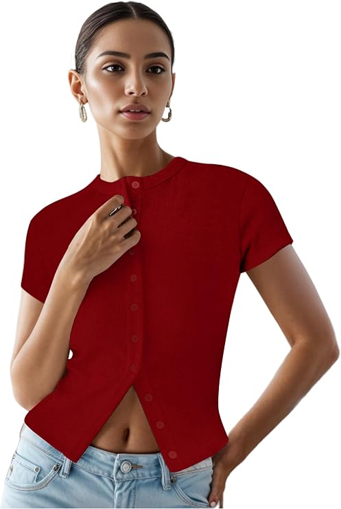 Ribbed Short Sleeve Top for Women Summer Button Down Tank Top Going Out Button Up Open Front Casual Crop Top