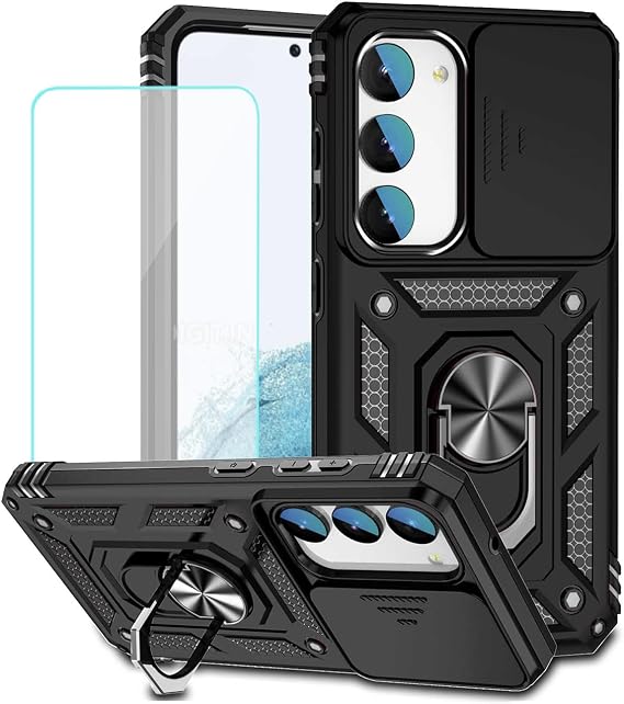 Case for Galaxy S23 Plus Case, Samsung S23+ SM-S916U Case with Tempered Glass Screen Protector and Slide Camera Cover, 360 Rotate Ring Stand Magnetic Cover for Samsung Galaxy S23+ 5G Black