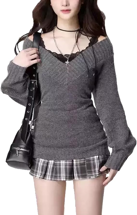 Misswddd Women's V-Neck Sweater, Knit Sewn Top, Rib Knit, Long Sleeve, Layered, Lace, Puff Sleeve, Tight, Autumn, Winter, Mass Production Type, Korean Style, Stylish, Cute, Loose, Soft