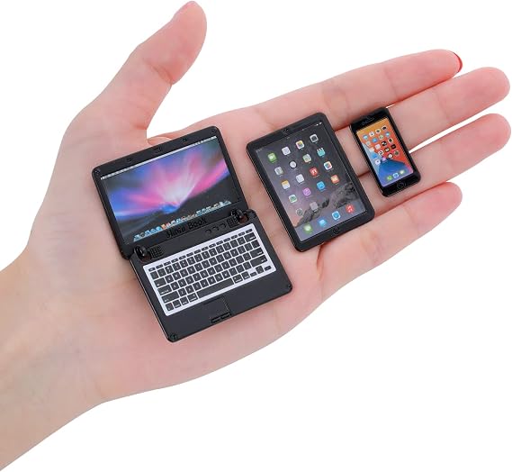 cobee 3Pcs Miniature Dollhouse Decor, 1:12 Metal Simulation Laptop Tablet Smart Phone, Mini- Dollhouse Miniatures Furniture Accessories, Doll House Miniatures Play Set (Black 3Pcs)