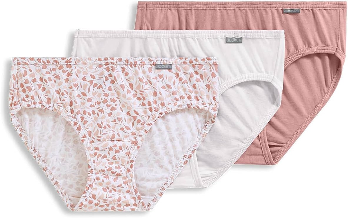 Jockey Women's Underwear Elance Bikini - 3 Pack, Diamond White/Prim Floral/Earth Rose, 6