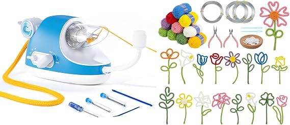 Caydo Automatic i Cord Knitting Machine Pro&iCord Flower Making Kit with 20 Flowers & 4 Leaves Templates, DIY Florals Handicraft Making Kit, Learn to Knitting iCord with i Cord Maker Tool