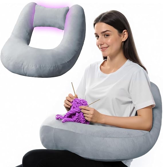 Crochet Pillow for Lap Support with Detachable Back Support, Grey | U-Shaped Arm Rest For Crochet,Reading in Bed,Gaming on Sofa,Lap Pillow Fits All Adult Sizes, Relieves Back & Shoulder Pain