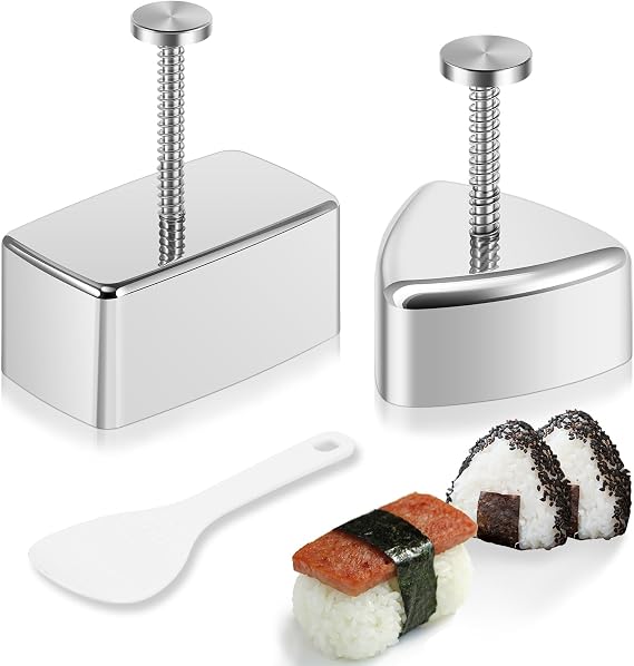 "3 Pack Onigiri Mold, Stainless Steel Rice Ball Mold, Non Stick Triangle and Rectangular Sushi Molds with Small Rice Spoon, Rice Mold Musubi Maker Kit for Kid Lunch and Home DIY "