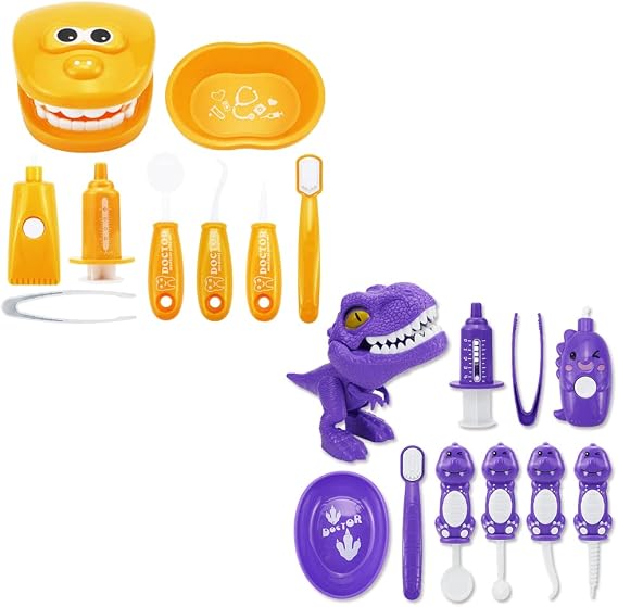 Bundle 19PCS = 9PCS Plastic Simulation Dentist Play Set (Orange) + 10PCS Plastic Dinosaur Simulation Dentist Play Set (Purple)