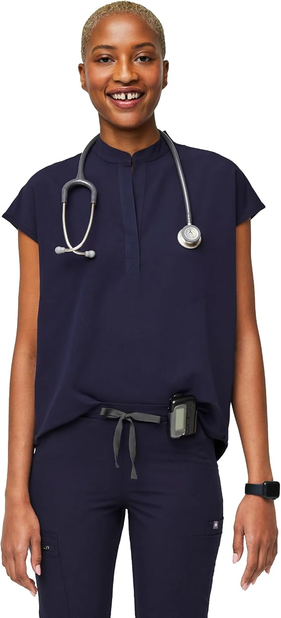 FIGS Rafaela Oversized Scrub Top for Women Navy Blue, XS | Mandarin Collar, Shirttail Hem, 3 Pockets, 4-Way Stretch