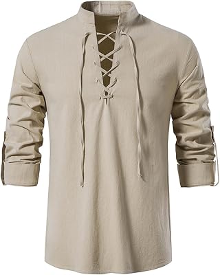AOTORR Mens Long Sleeve Shirts Retro Style Lace up Medieval Hippie Viking Cosplay Pirate Top Renaissance Costume