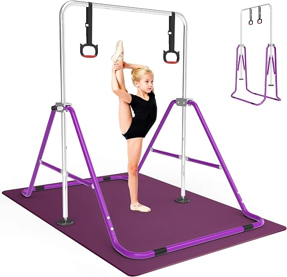 Gymnastics Bar for Kids with Mat and Rings 5-Height Adjustable | Gymnastics Horizontal Bar with Mat and Ring Set for Kids 3-8, Gymnastics Equipment for Home Room Indoor Outdoor Training