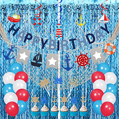 Junkin 59 Pcs Nautical Cruise Birthday Party Decorations Include Fish Net, Sailing Swirls, Nautical Banner, Cake Topper, Foil Fringe Curtains and Latex Balloons for Boys Girls Summer Events Party