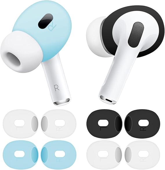 A-Focus Fit in Case for AirPods Pro 2nd Ultra Thin Ear Tips Replacement Silicone Dust Proof Anti-Scratch Eartips Earbuds Cover Accessories Compatible with AirPods Pro 2 Black White Blue 4 Pairs