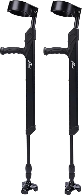 iLiving Forearm Crutches for Adults - Self-Standing Adjustable Mobility Aid with Flip-Up Arm Rest, Ergonomic Handle, 10-Height Settings, Auto-Leveling Base, and 220 lb Capacity, Black, 1 Pair