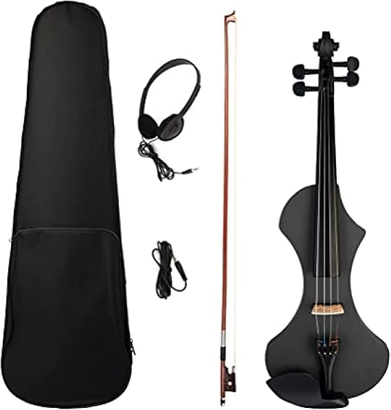 Electric Violin 4/4, Full Size Solid Wood Electronic/Silent Violin Maple Body Ebony Fingerboard Pegs with Violin Accessories, Type 2 Black, Gigh End
