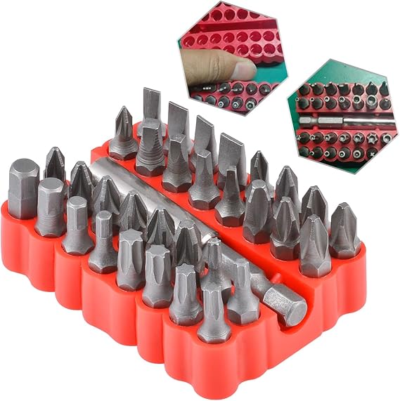 33 Piece Screwdriver Bit Set Tamper Proof Security Screw Hex Bit Head Set with Magnetic Extension Bit Holder, 1/4" Metric Screwdriver Kit, Electric Drill Tool Accessories - Red Box