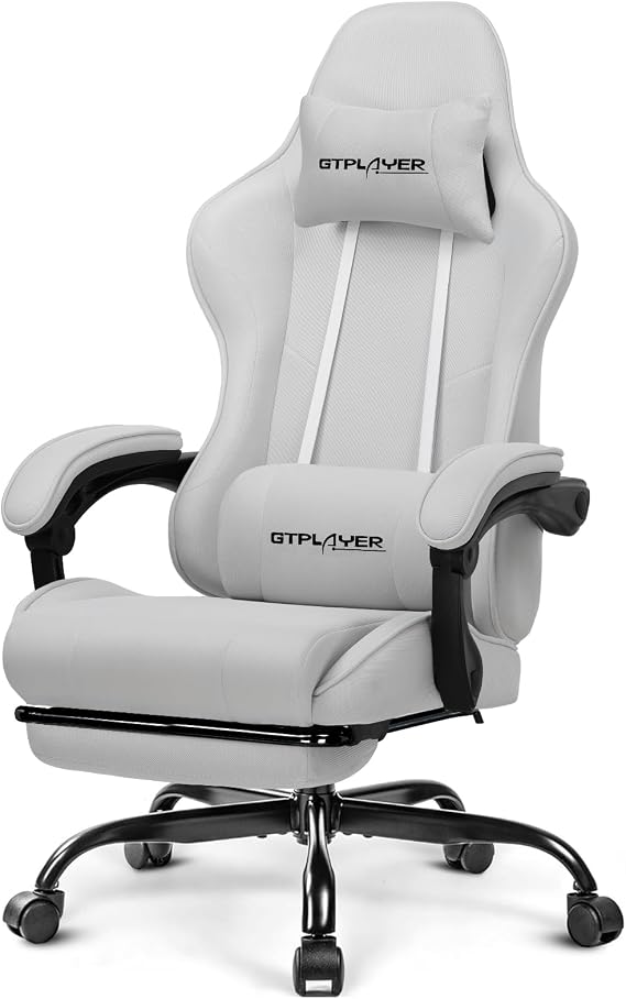 GTPLAYER Gaming Chair, Computer Chair with Footrest and Lumbar Support, Height Adjustable Game Chair with 360-Swivel Seat and Headrest and for Office or Gaming (All Light Gray-Fabric)
