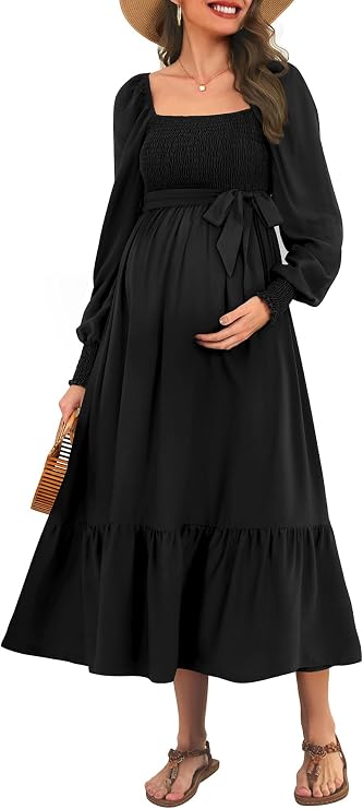 Talisea Maternity Dress for Baby Shower Photoshoot Flowy Smocked Midi Dress