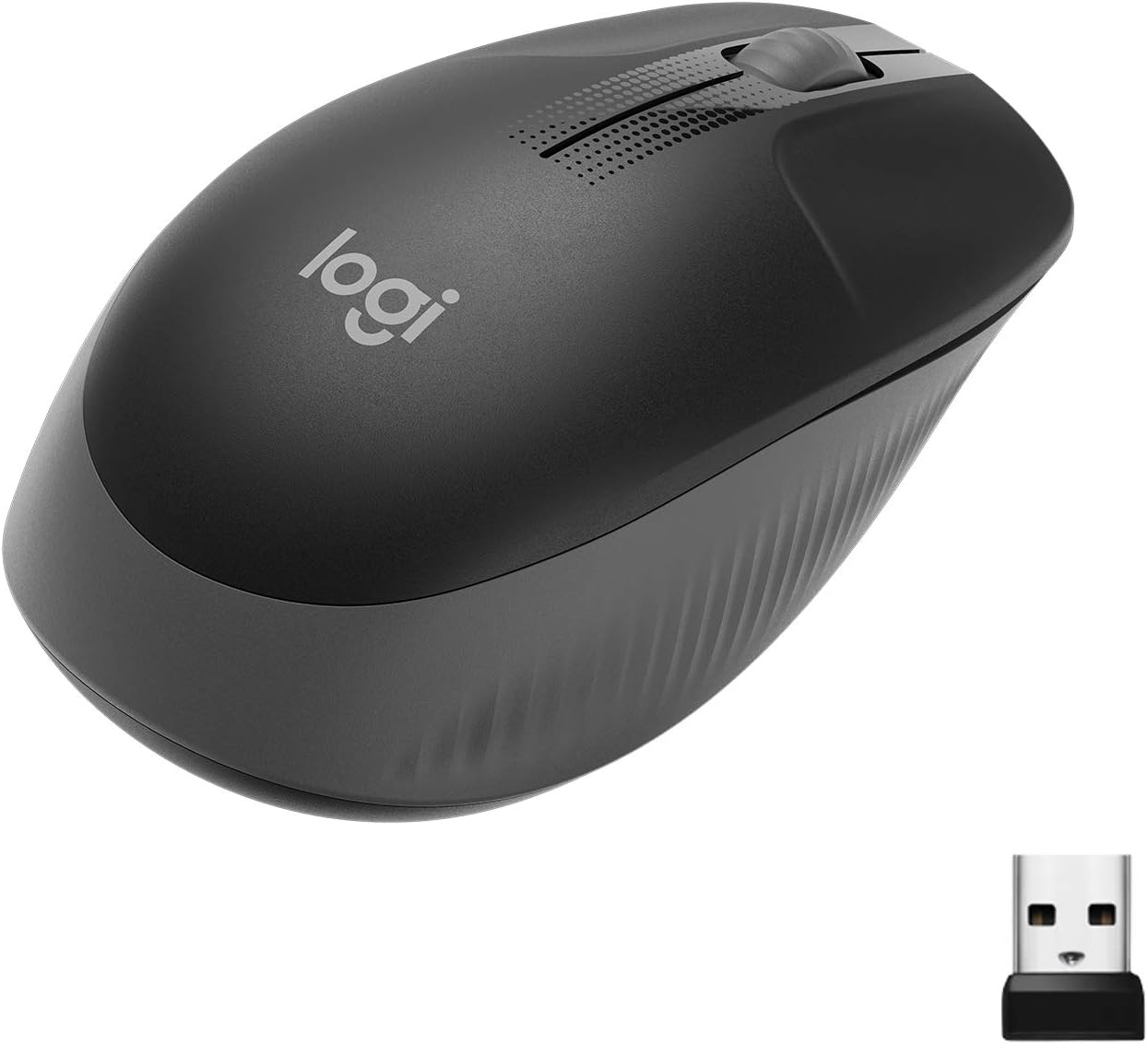 Logitech M190 wireless mouse, curved design for two-handed use, 18 months battery life plus power saving mode, USB receiver, precise control thanks to wide wheel, keys, black