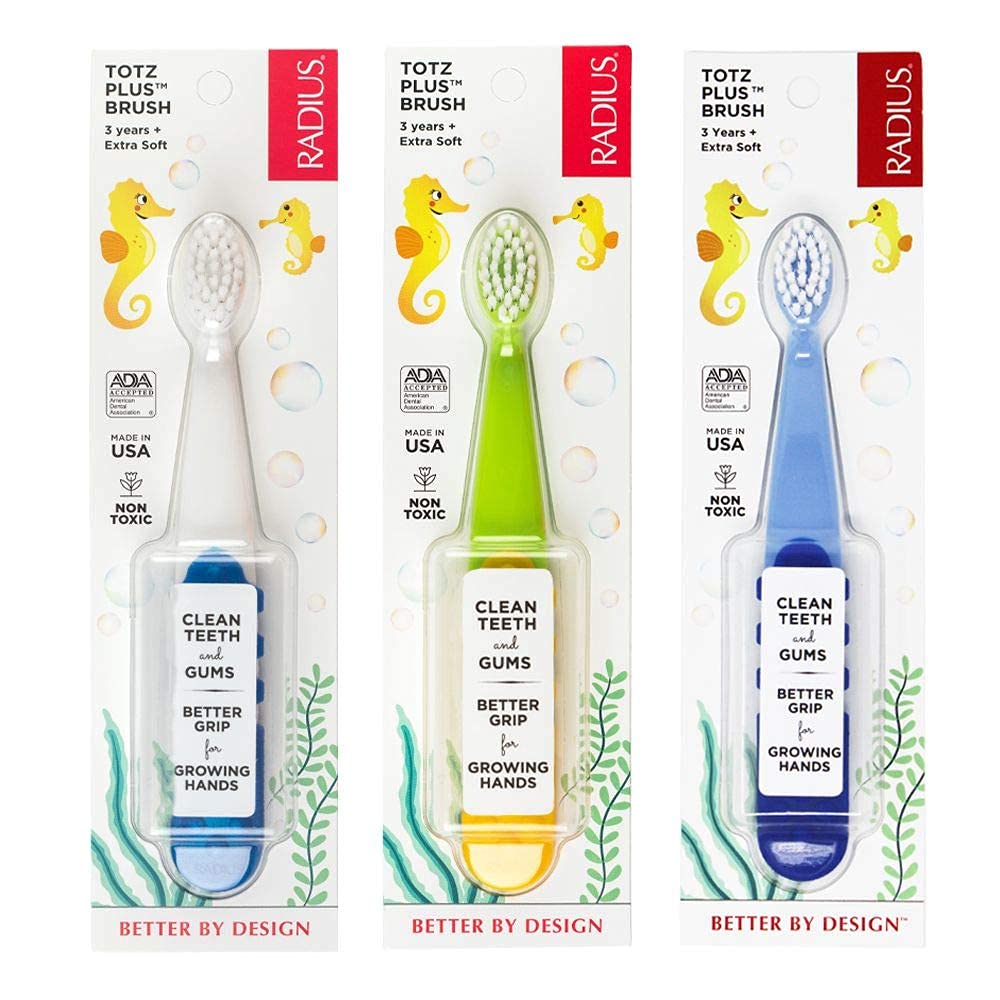 RADIUS Childrens Toothbrush, Totz Plus Brush, Extra Soft Bristles, WhiteGreenLightblue, BPA Free & ADA Accepted, for Delicate Teeth & Gums for Children 3 Years & Up, Pack of 3
