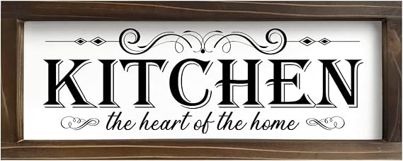 Kas Home Kitchen Decor, Wood Kitchen Sign The Heart of The Home Wall Decor Rustic Farmhouse Wooden Framed Wall Art Plaque for Home Kitchen Cabinets Hanging Decorations (White-K, 5.5"x16.5")