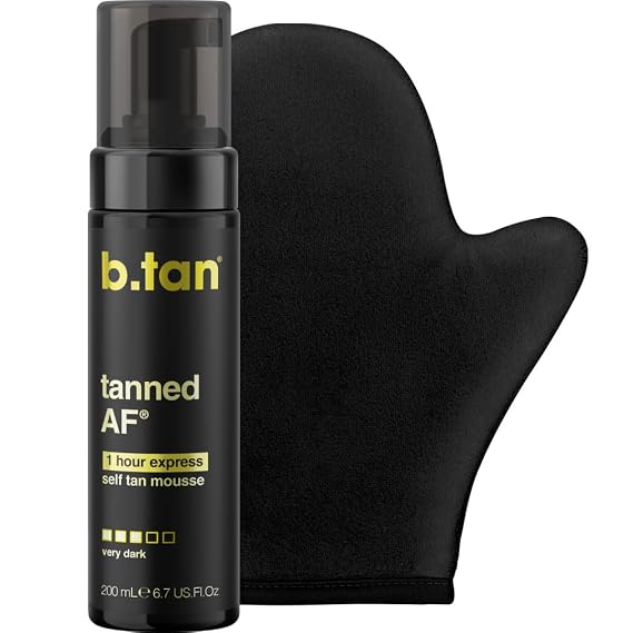 b.tan Dark Self Tanner Kit | Get Tanned Bundle - Best Mousse w/Tanning Mitt Applicator, 1 Hour Express Sunless Foam, Fast Bronzing Glow, No Fake Tan Smell, Vegan, Cruelty Free, 6.7 Fl Oz