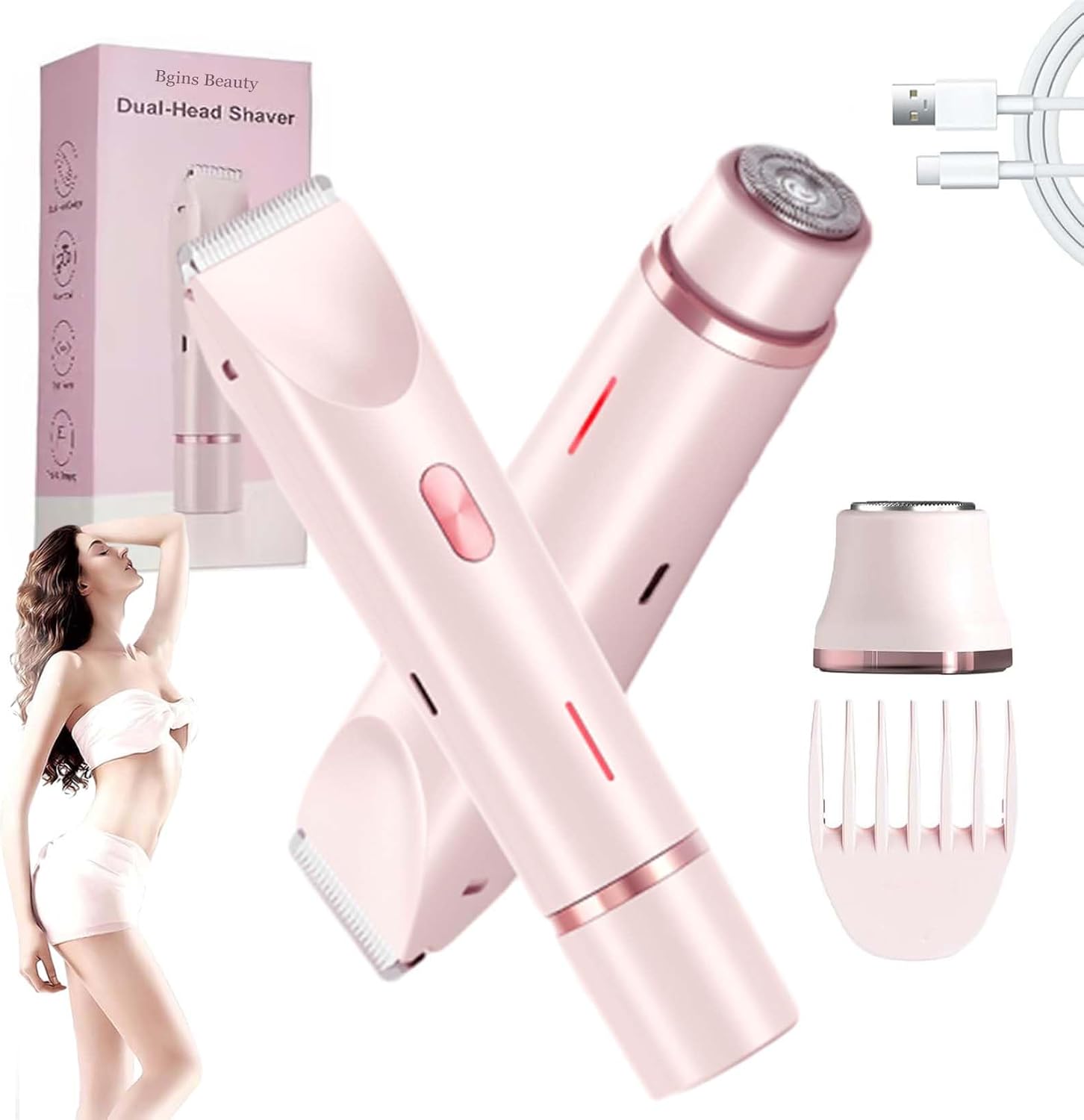 Smoovi 2.0 Bikini Shaver, Bgins Beauty Shaver, Bgins Beauty Razor, 2 in 1 Bikini Trimmer for Women, Dual-Head Electric Shaver for Bikini Area, Underarms, Legs, Arms Pink