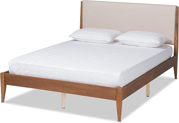 Baxton Studio Lenora Mid-Century Modern Beige Fabric Upholstered and Walnut Brown Finished Wood King Size Platform Bed
