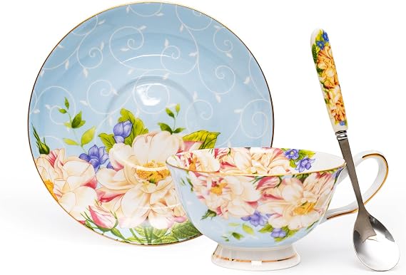 7-Ounce Bone China Tea Cups and Saucers Floral Teacup for Tea Party, Fine China Porcelain Coffee Cup Set for Women