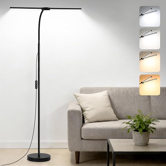 24W/2600LM LED Floor Lamp, Bright Reading Floor Lamps with Dual Head Adjustable Gooseneck, Dimmable Standing Task Lamp for Office Living Room Bedroom, Modern Eye Caring Light for Puzzle Craft Sewing