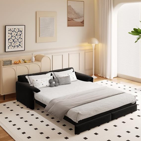 66" Queen Pull Out Sofa Bed, 3-in-1 Convertible Sleeper Sofa with Side Storage,Multi-Functional Velvet Loveseat Bed for Living Room,Bedroom,Apartment (66" + Side Storage + Black-1)