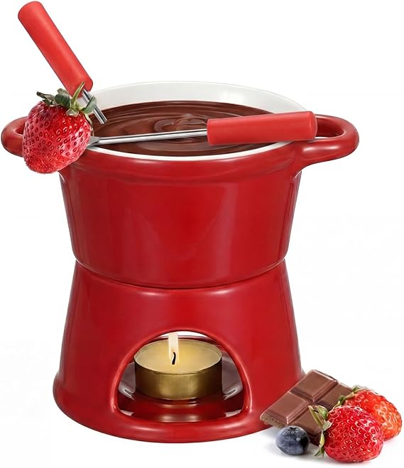 BSTKEY 300ML Ceramic Butter Warmer Set with 2 Forks, Fondue Pot Melting Pot Set, Melt Hot Pot Bowl Set for Cheese Chocolate Butter Caramel (Red)