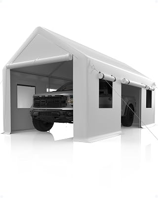 DEXSO Carport 13x20 Heavy Duty Portable Garage, 1.0 mm Steel Poles & 180 g PE Waterproof Canopy, with Front & Rear Doors, 2 Side Doors, and 4 Windows, for Pickup Truck, and Boat, White