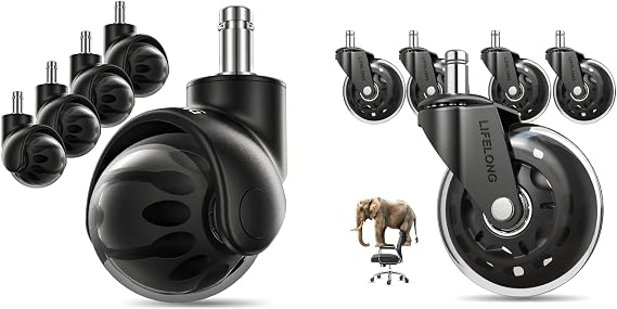 Lifelong Office Chair Wheels Replacement Rubber Chair Casters for Hardwood Floors and Carpet, Heavy Duty Casters for Chairs to Replace Office Chair Mats - Fits 98%