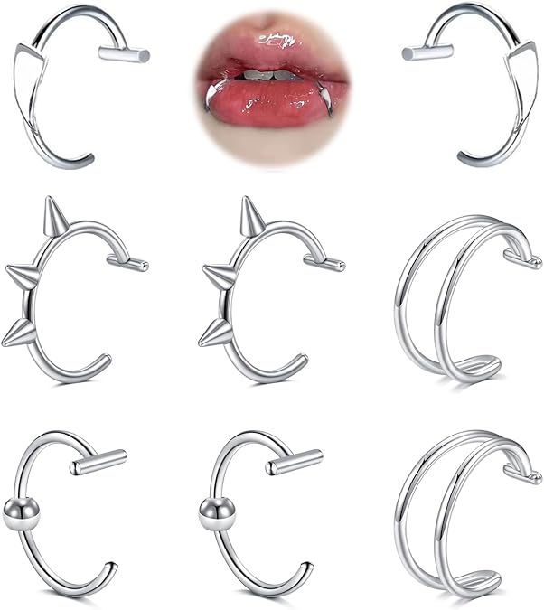MODRSA Silver Black Fake Lip Piercing Fake Lip Ring Cuffs Clip on Nose Ring Hoop Faux Snake Bites Non Piercings Jewelry Vampire Teeth Silver Fangs for Halloween Jewelry Clip Double Earring Hoop