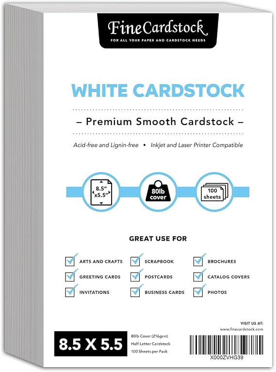 8.5 x 5.5 Bright White Card Stock Paper Great for Arts and Crafts, Greeting Cards, Invitations, Flyers, Brochures, Photos | Heavyweight 80lb (216gsm) Cover Cardstock | 100 Sheets per Pack