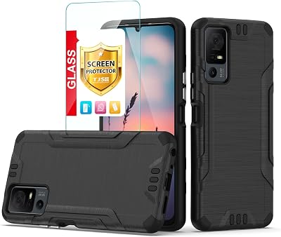 TJS Case for TCL 40 XL & T608DL, Jitterbug Smart4 Case with Tempered Glass Screen Protector, Magnetic Support, Hybrid Shockproof, Metallic Brush Finish Black