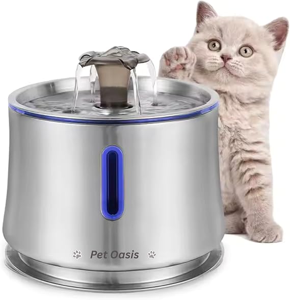 Cat Water Fountain 84oz/2.5L Stainless Steel, Automatic Dog Water Dispenser, Ultra-Quiet Pump, Water Level Window, BPA-Free, Advanced Filtration with 2 Filters for Cats, Dogs & Multiple Pets.