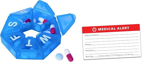Weekly 7-Sided Pill Planner with Medical Alert Wallet Card, Great for Travel - (Blue)