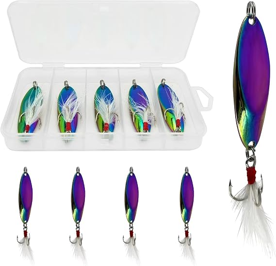 Fishing Spoons Fishing Lures Casting Spoon Metal Jig Lure Trout Lures for Freshwater/Saltwater, Reflective Spoons Bait with Treble Hooks Fishing Tackle 5 Pcs
