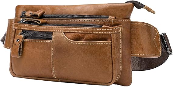Hebetag Leather Waist Pack Belt Fanny Bag for Men Women Hip Bum Purse Travel Hiking Running Cell Phone Clutch Pouch Handbag (Light Brown)