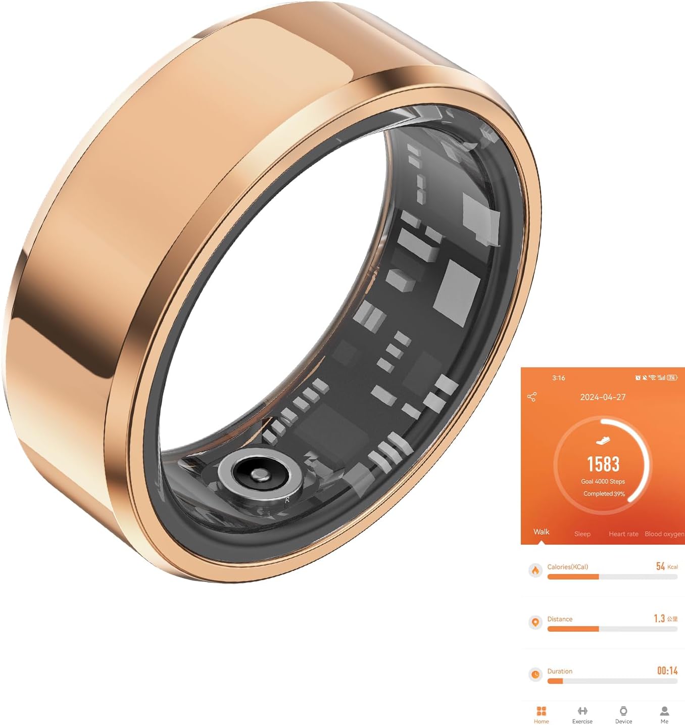 Fitness Tracker Smart Ring, Step Counter for Walking, Heart Rate Blood Oxygen Calorie Sleep Tracker Health Ring, IP68 Waterproof Design, Stainless Steel, 5-7 Days Battery LifeRose Gold, US10