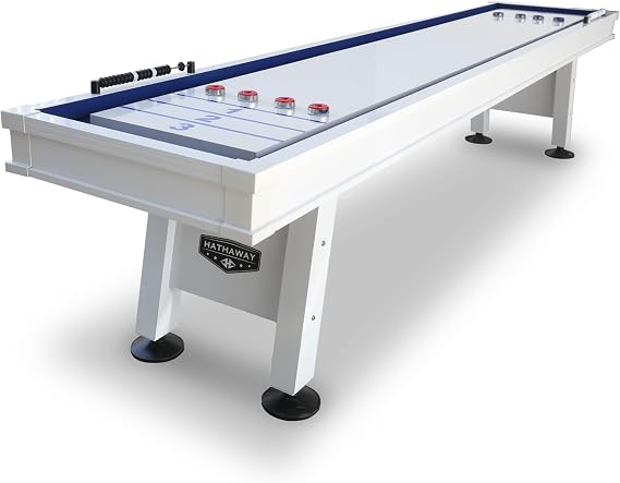Hathaway Crestline 12 Ft Outdoor Shuffleboard Table for Patio, Yard & Deck - with Weatherproof Playfield, Built-in Scorer & Fitted Cover, Leg Levelers, 8 Pucks, Wax White Finish