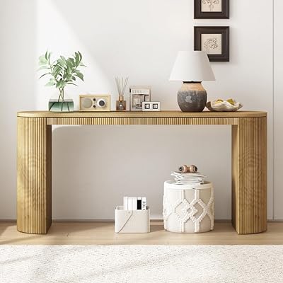 59 Modern Console Tables for Entryway, Sofa Table Behind Couch with Curved Vertical Stripe Base, Spacious Top for Entryway, Hallway, or Living Room Natural