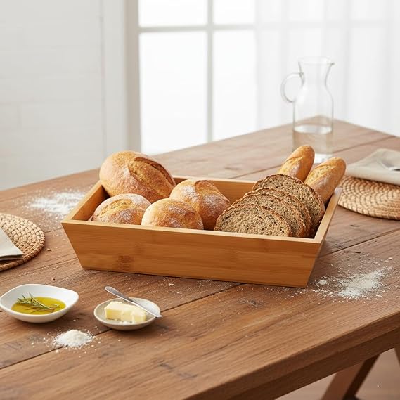Deconox Bambu Ekmek Sepeti ve Sunumluk (33x15x7 cm) | Doğal Ahşap Modern Meyve, Sebze ve Servis Sepeti | Antibakteriyel ve Şık Tezgah Üstü Düzenleyici