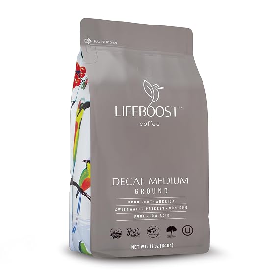Lifeboost Decaf Ground Coffee, Swiss Water Process Low Acid Organic, 12oz