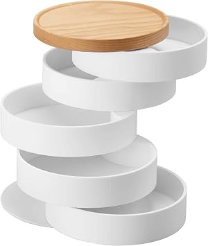 YAMAZAKI Home Tosca Rotating Jewelry Organizer, 5-Tier Storage Box, Stacked Accessory Trays With Wooden Lid - Abs Plastic
