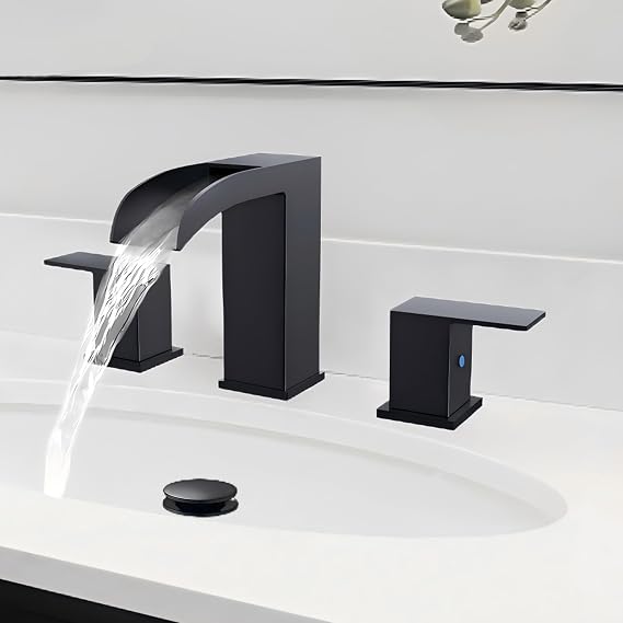 Black Bathroom Sink Faucet 3 Hole - Waterfall Bathroom Faucet 8 Inch Widespread Matte Black Faucet Bathroom 2-Handles Modern Vanity Faucets with Overflow Pop Up Drain & Supply Lines