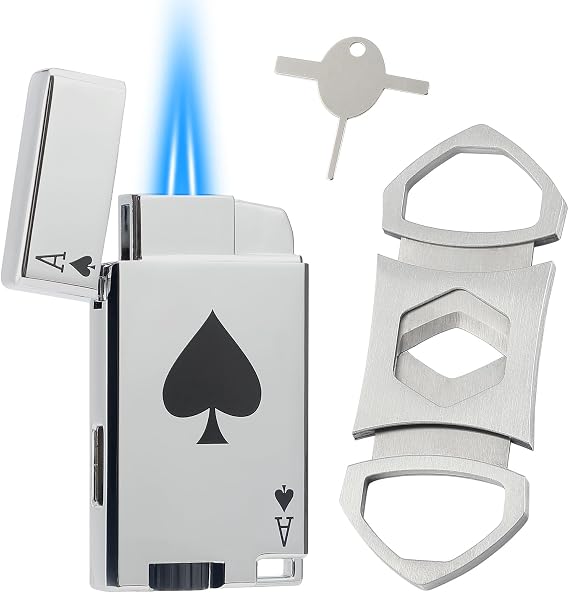 Cutter and Lighter Set, Adjustable Double Jet Flame Butane Torch Lighter with Keyhole, Refillable Windproof Gas Lighter with Protect Cover, Mens Gifts. Silver(Sold Without Gas)