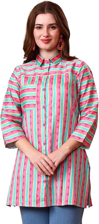 Tissu Women's Cotton Satin Striped Shirt Style Tunic Kurti