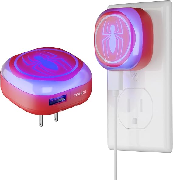 iJoy Marvel Spiderman Night Light with Touch LED and USB Charging Port- Spider Man Stuff/Spider-man Gifts for Boys and Fans of Marvel- Foldable Plug and Build in USB Phone Charger- Spiderman decor
