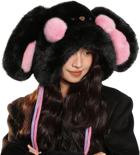 Cute Bunny Ears Hat Furry Beanie Trapper Hat for Women Faux Fur Fuzzy Winter Hat Warm Animal Ear Flaps Cap Snow Hats
