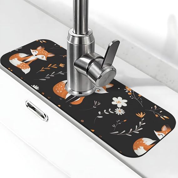 Kitchen Sink Splash Guard Faucet Mat, Cute Happy Fox Diatom Mud Absorbent Draining Mat For Kitchen Sink Bathroom